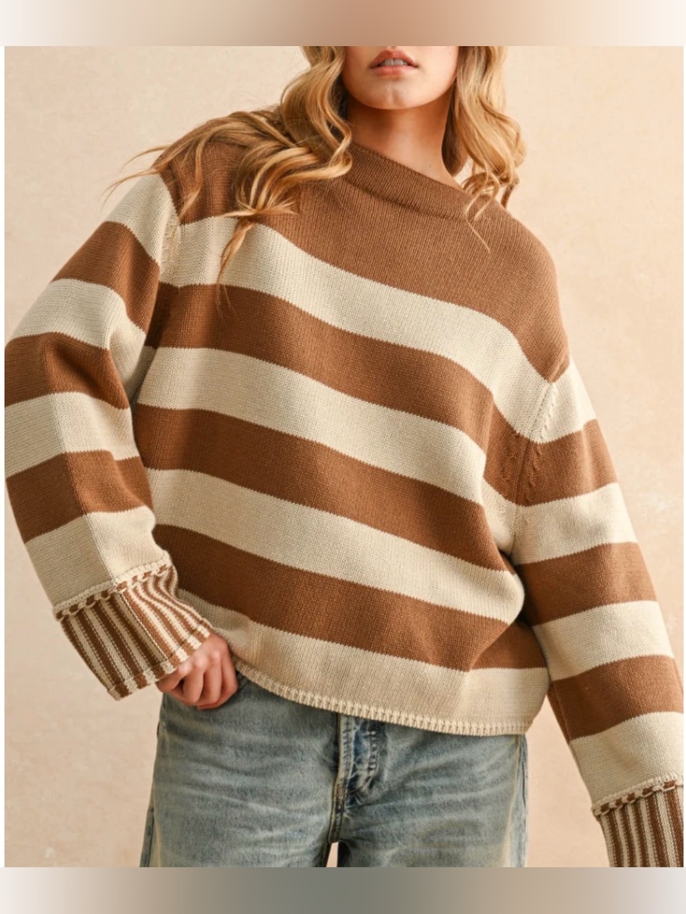 NEW Miou Muse Esther Contrast Striped Sweater Brown Cream Knit Womens Large L